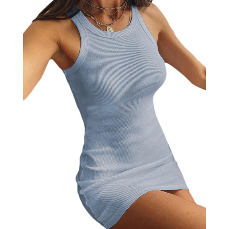 Изображение товара: Сексуальное трикотажное летнее платье с круглым вырезом и металлическими пуговицами, женское элегантное мини-платье без рукавов, однотонные облегающие платья Vestidos