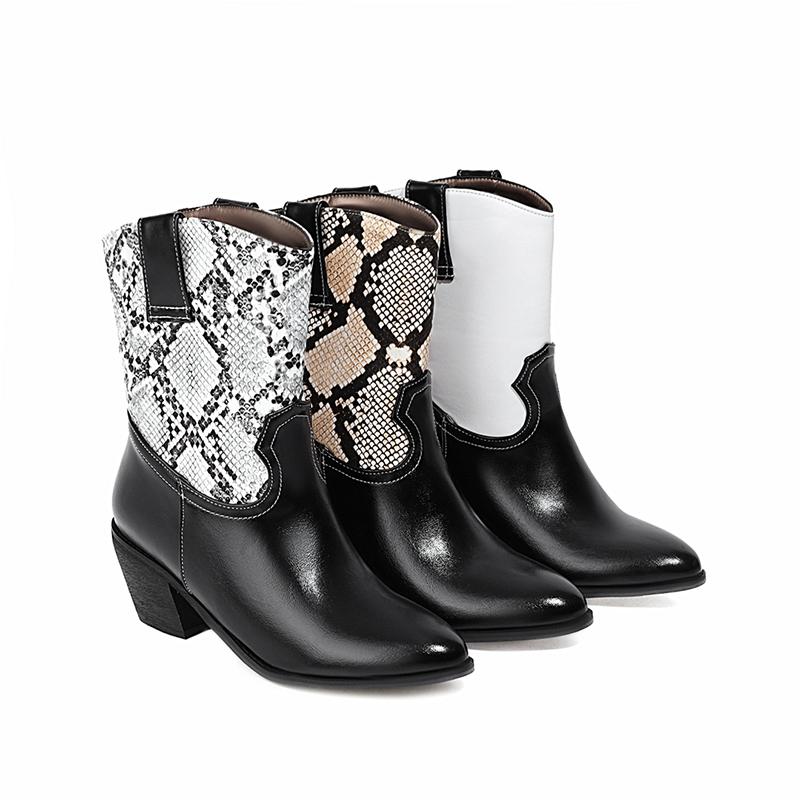 Изображение товара: Ботильоны женские с круглым носком, повседневная обувь для верховой езды, на Высоком толстом каблуке, в шотландскую клетку со змеиным принтом, цвет черный/бежевый/абрикосовый