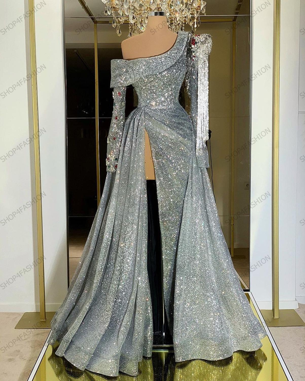 Изображение товара: Блестящие Серебристые бриллианты с длинным рукавом с высоким разрезом Сексуальные Кристаллы кисточки длинные женские вечерние платья