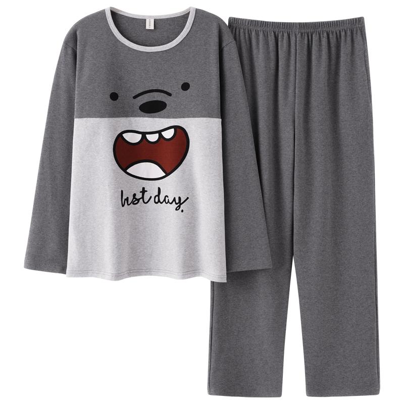Изображение товара: Новый осенний хлопковый пижамный комплект для пары, Мультяшные пижамы с длинным рукавом и круглым вырезом, милые свободные мягкие пижамы для влюбленных, размера плюс