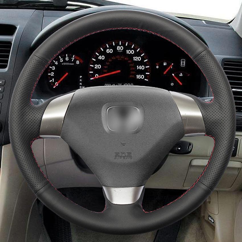 Изображение товара: Сшитый вручную черный нескользящий чехол рулевого колеса автомобиля из натуральной кожи для Honda Accord 7 купе 2003-2007 (3 спицы)