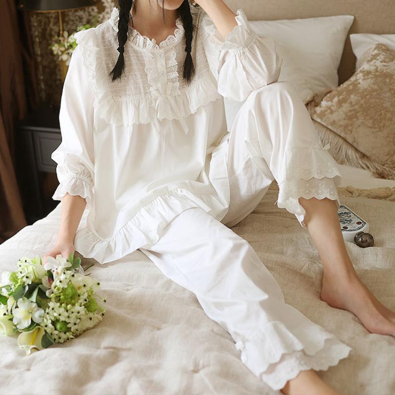 Изображение товара: Милый дизайн с воротником-стойкой, женские белые костюмы для сна из мягкого хлопка с длинным рукавом, костюмы на весну и осень