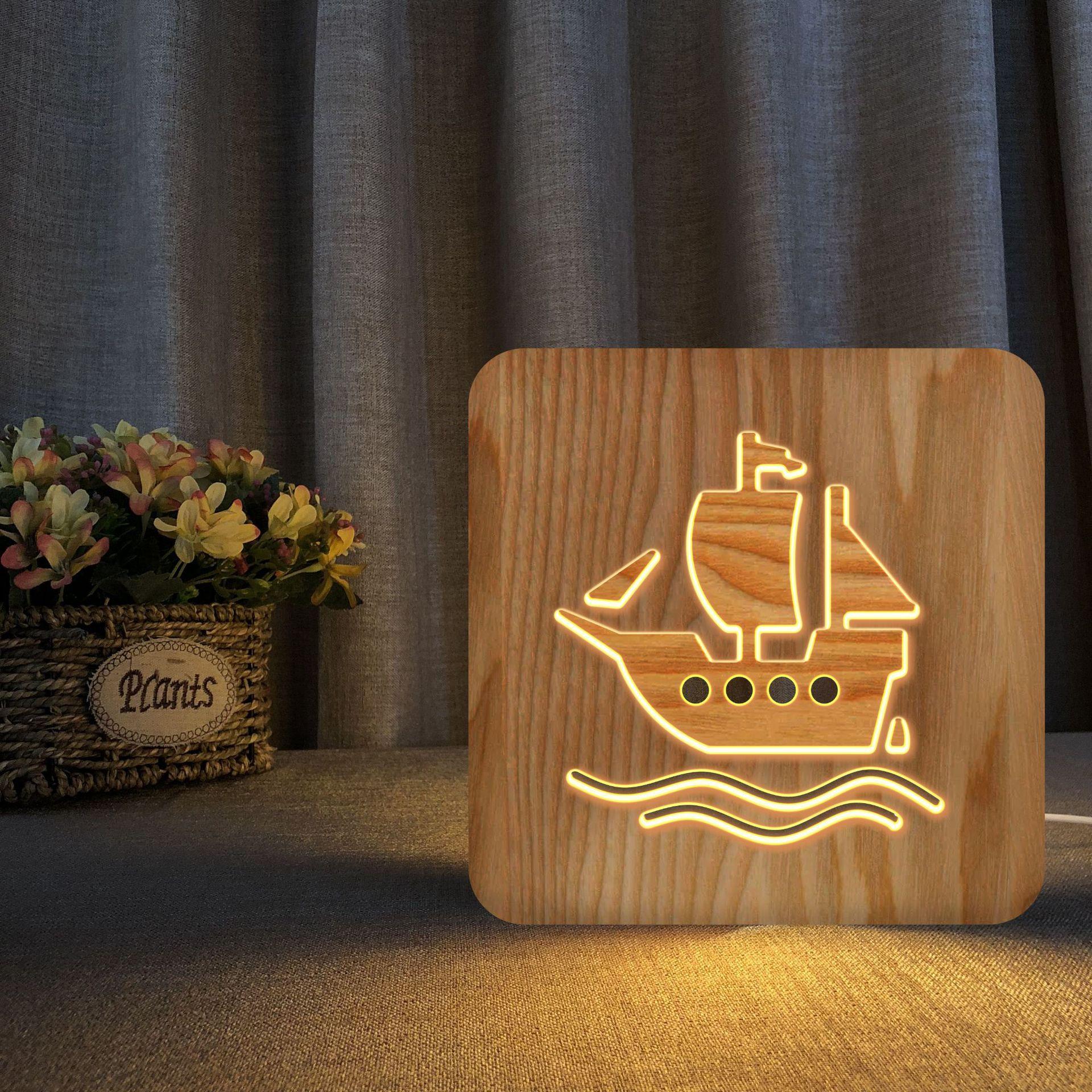 Изображение товара: Деревянная полая резная парусная лодка светодиодный 3d ночсветильник для домашнего офиса Декор Usb прикроватная настольная лампа подарок для друзей и детей