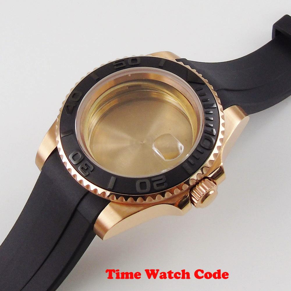 Изображение товара: 40mm men's Wristwatch Case parts with rubber strap fit for ETA 2836 Miyota 8215 golden sapphire glass date window ceramic bezel