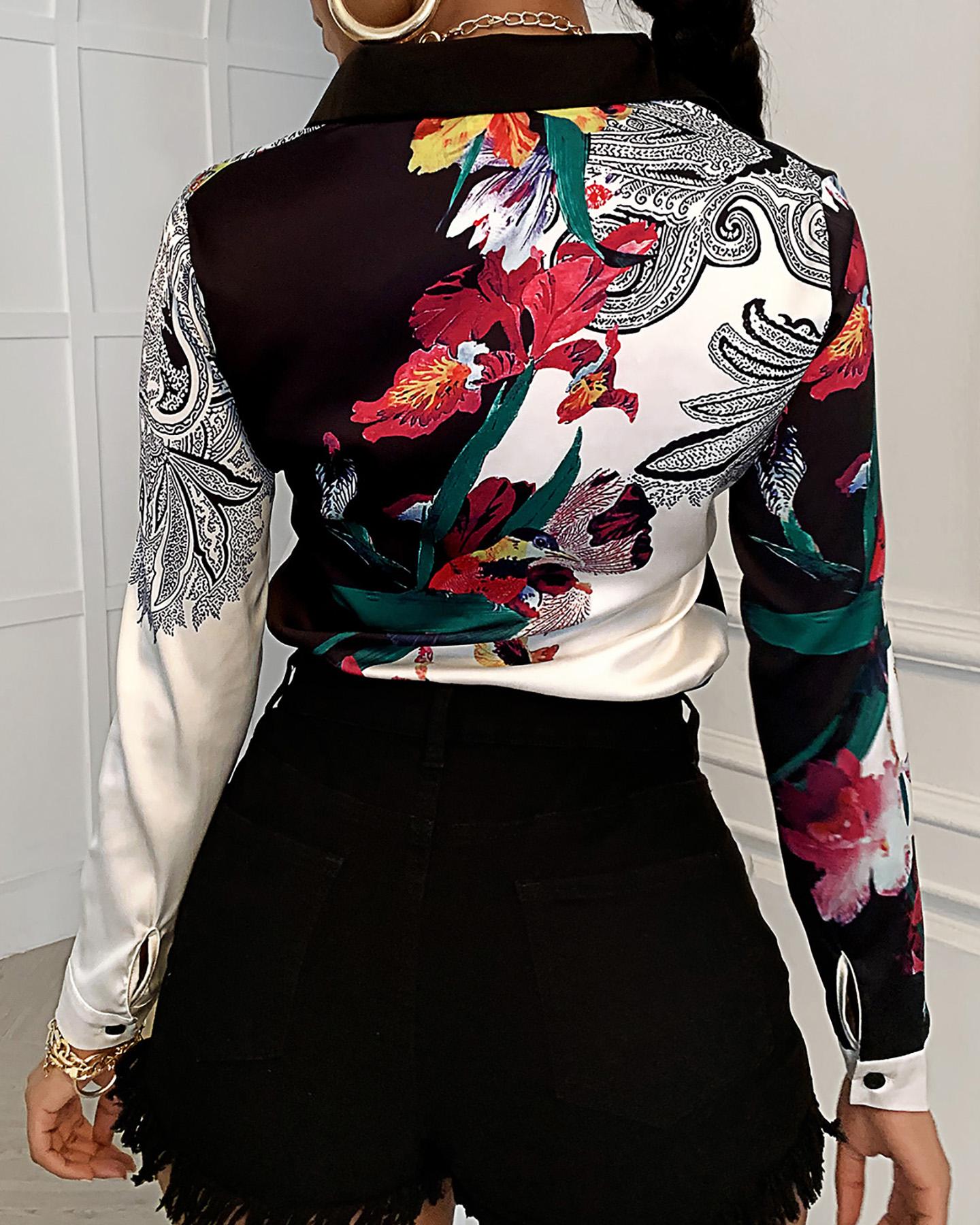 Изображение товара: Женская рубашка с отложным воротником, Повседневная Блузка с длинным рукавом и принтом листьев, рубашка на пуговицах с цветочным принтом, осень-весна 2020