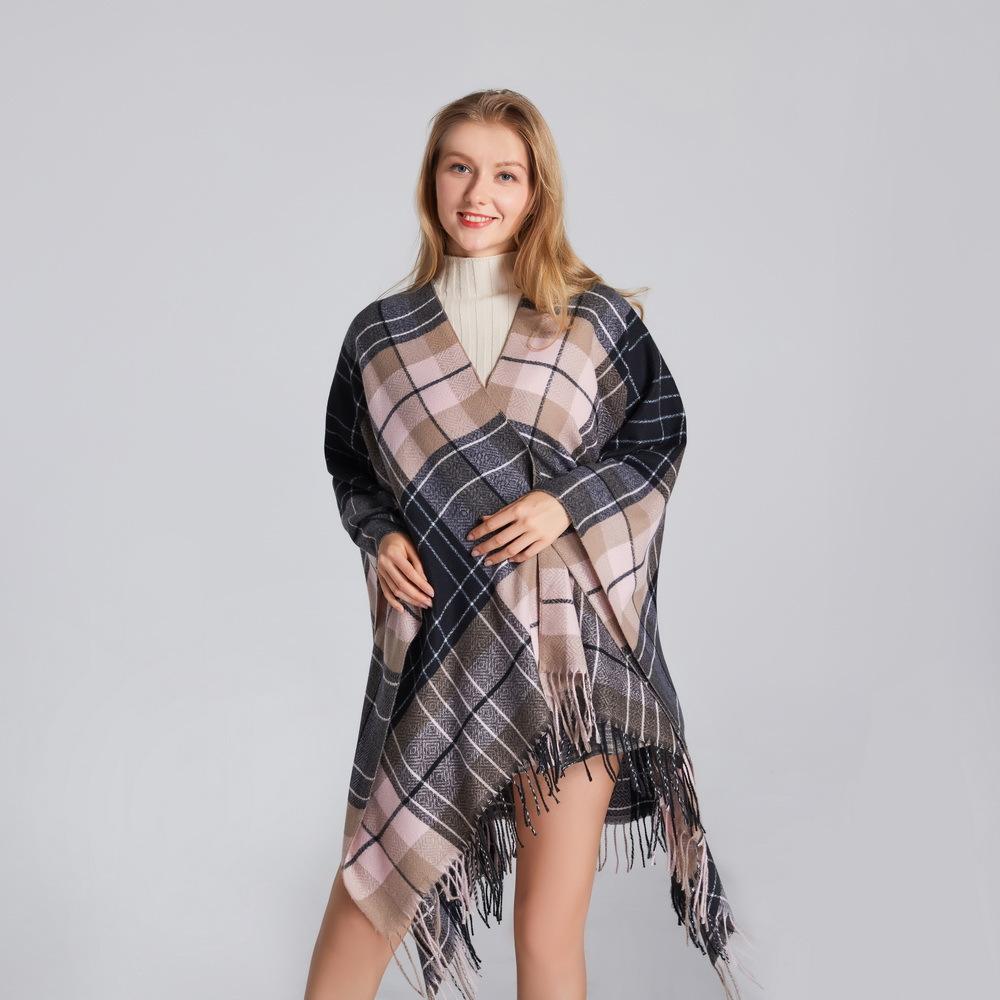 Изображение товара: Пончо женское в клетку, удобное теплое пальто в европейском и американском стиле, с имитацией цвета, шаль, шарф-пончо