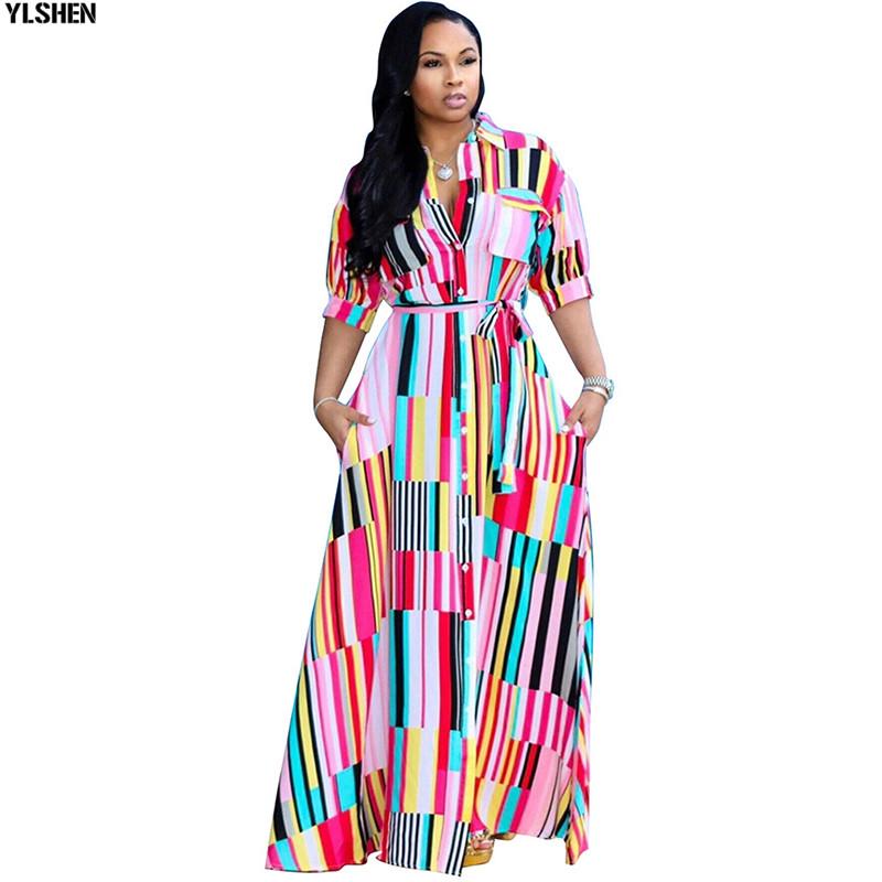 Изображение товара: Длинные африканские платья размера плюс для женщин, Дашики, модное платье-рубашка в полоску в африканском стиле, юбка со шнуровкой, Robe Boubou, одежда в африканском стиле