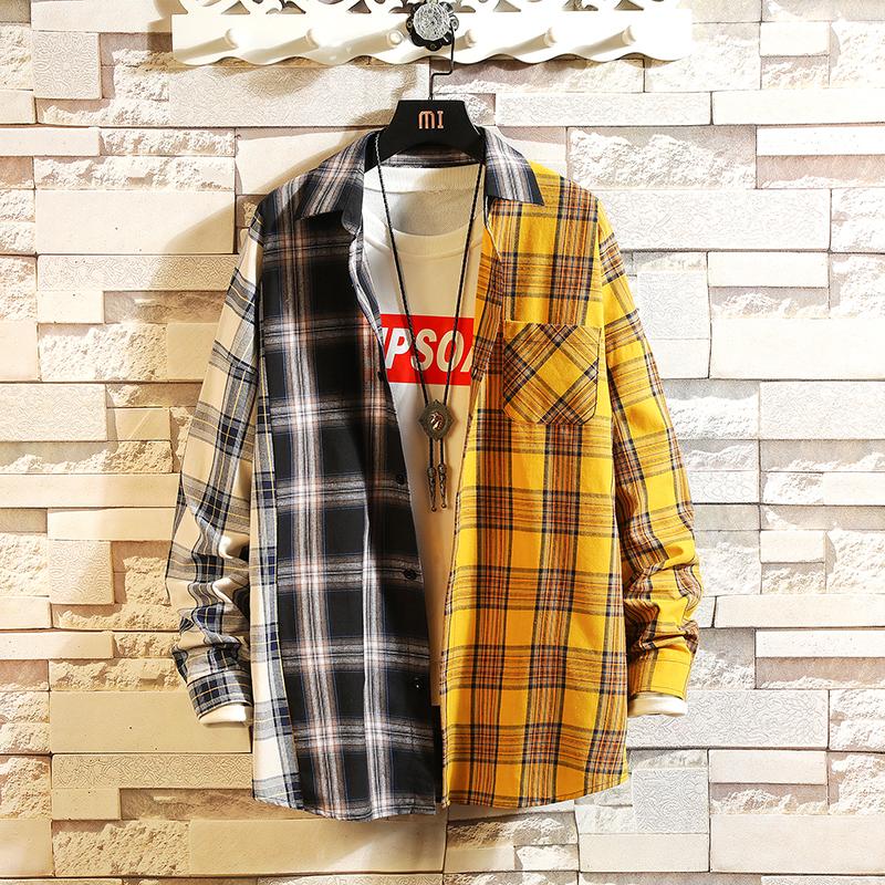 Изображение товара: Весенняя индивидуальность, корейский тренд цвета, подходящая рубашка в клетку, мужская повседневная Свободная рубашка в стиле хип-хоп с длинными рукавами 5XL