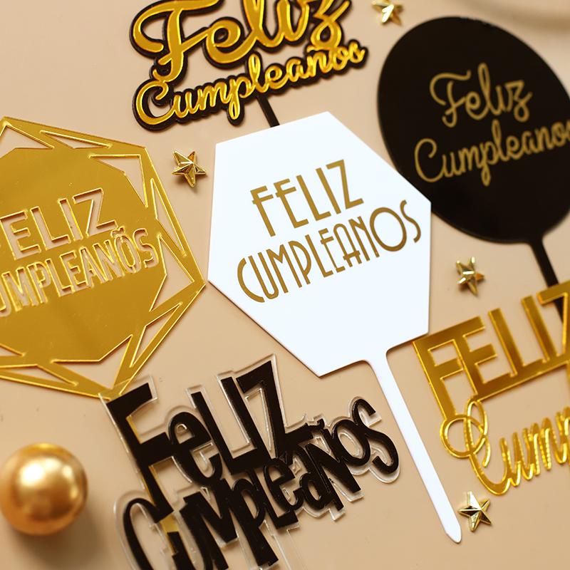 Изображение товара: Feliz cumpleaños. Золотой, серебряный, черный Español акриловый Топпер для торта «С Днем Рождения» на испанском языке для вечерние украшения, принадлежности для выпечки