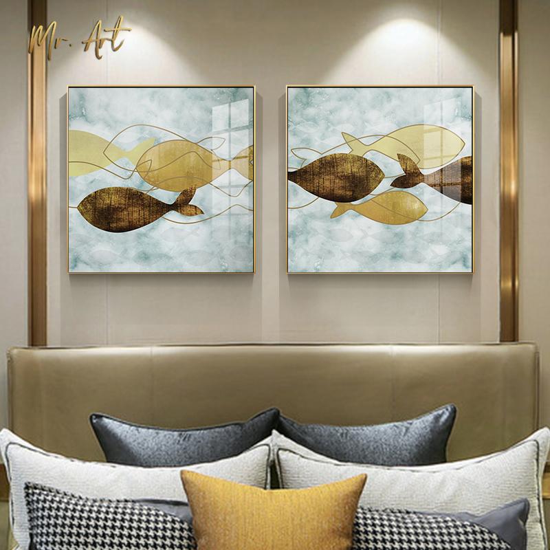 Изображение товара: Современная Абстрактная Картина на холсте с изображением рыб, художественный плакат, настенные коричневые и желтые картины для гостиной, спальни, скандинавский Декор для дома