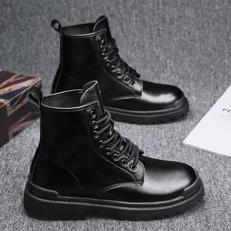 Изображение товара: Мужские байкерские ботинки на шнуровке, черные кожаные теплые винтажные байкерские ботинки с высоким берцем, повседневная мотоциклетная обувь до щиколотки для осени