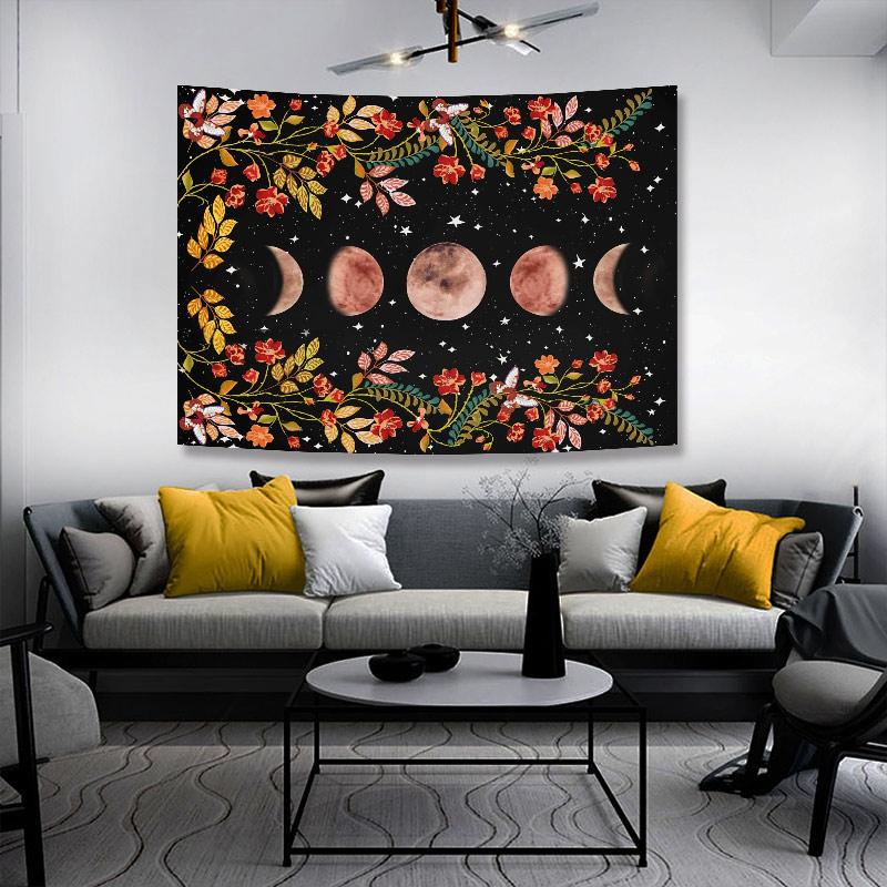 Изображение товара: Большой подвесной гобелен фазы Луны, окруженный растениями и цветами, черное Настенное подвесное одеяло, пляжный коврик для йоги