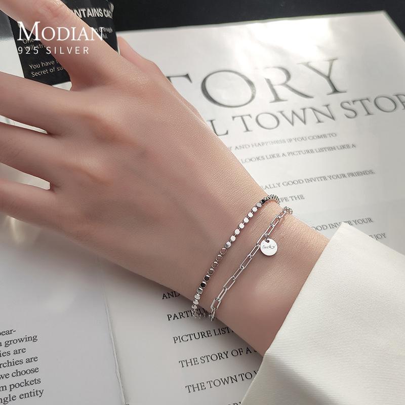 Изображение товара: Женский двухслойный браслет Modian из стерлингового серебра 925 пробы, браслет геометрия, оригинальные браслеты, роскошная бижутерия