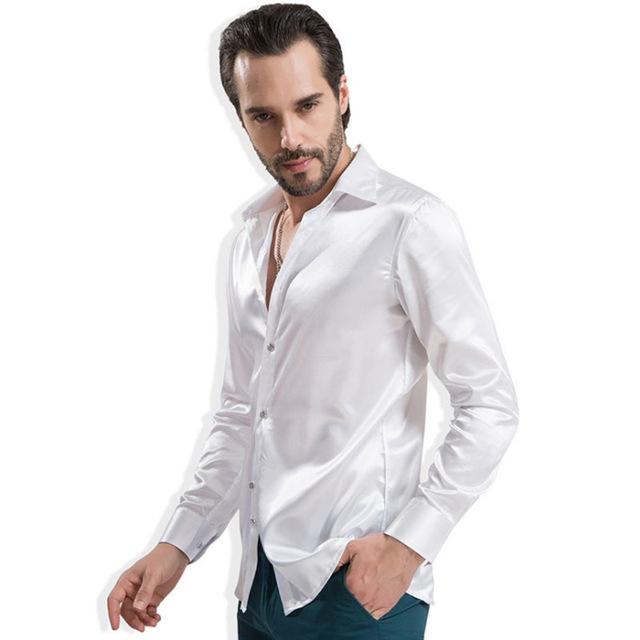 Изображение товара: Мужская однотонная шелковая рубашка, банкетный костюм, вечерние мужские платья для выступлений, сексуальная одежда из поплина с длинными рукавами