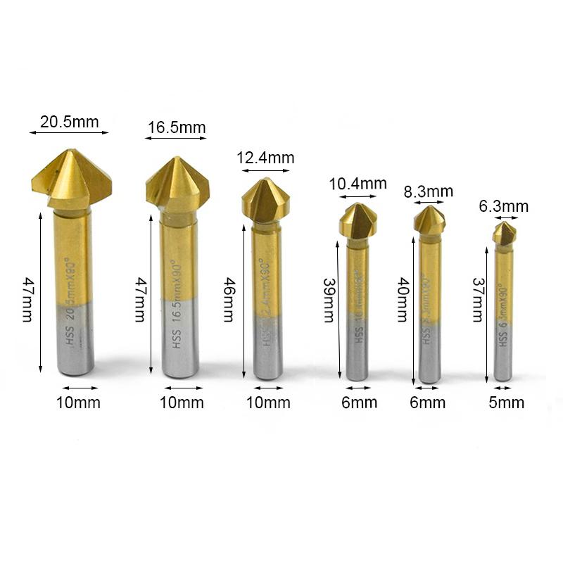 Изображение товара: 6 шт 6,3-20,5 мм зенковки сверло 3 Флейта HSS Титан покрытием фаски резак зенковки сверло дерево металл дыропробивной пресс