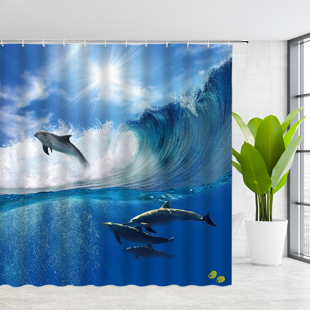 Изображение товара: Забавная душевая занавеска с дельфином, Симпатичные морские животные, синие морские волны, декор для ванной комнаты, тканевая подвесная занавеска с крючками