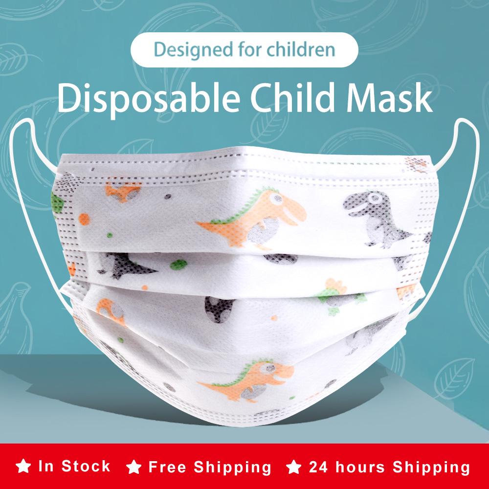 Изображение товара: Быстрая доставка, детские одноразовые маски для лица, 3 слоя, противозагрязняющие маски, ткань, Пылезащитная детская мультяшная маска