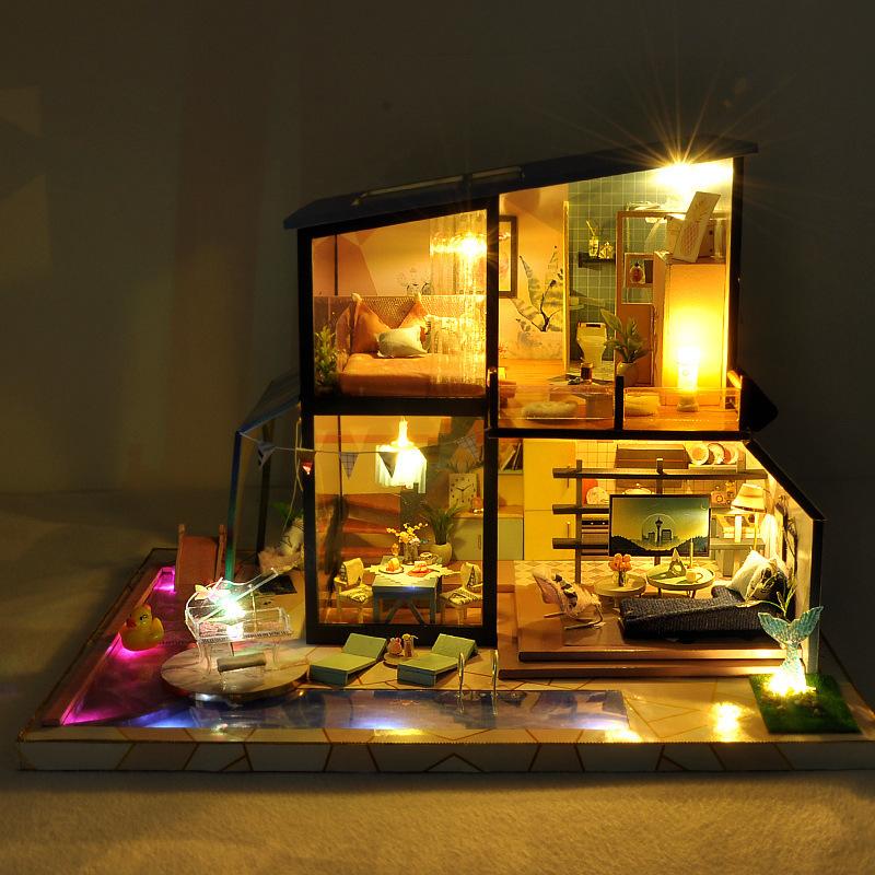 Изображение товара: Деревянный Кукольный дом «сделай сам», побережье вилл, музыкальная архитектура, 3D кукольные дома, миниатюрная сборка с мебелью, креативные игрушки, подарок для детей