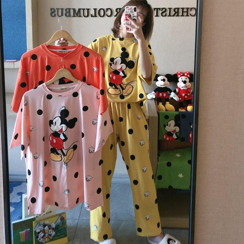 Изображение товара: Летняя молочная Шелковая пижама в горошек с изображением Диснея Микки Мауса женские брюки с коротким рукавом мультяшный Микки мисс свободный домашний сервис