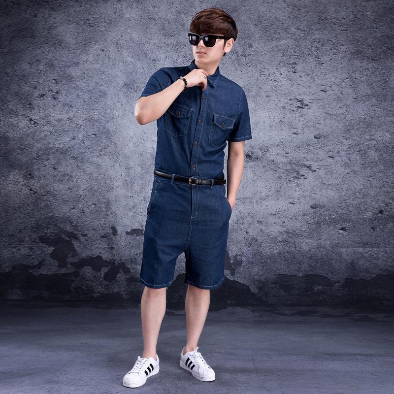 Изображение товара: Джинсовый мужской комбинезон Siamese, джинсовый костюм, сиамский мужской комбинезон, Мужская одежда, модные джинсовые шорты с коротким рукавом на лето