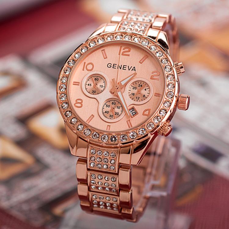 Изображение товара: Модные роскошные часы женские брендовые Geneva повседневные часы с кристаллами и стразами женские золотые Стальные кварцевые часы Relogio Feminino