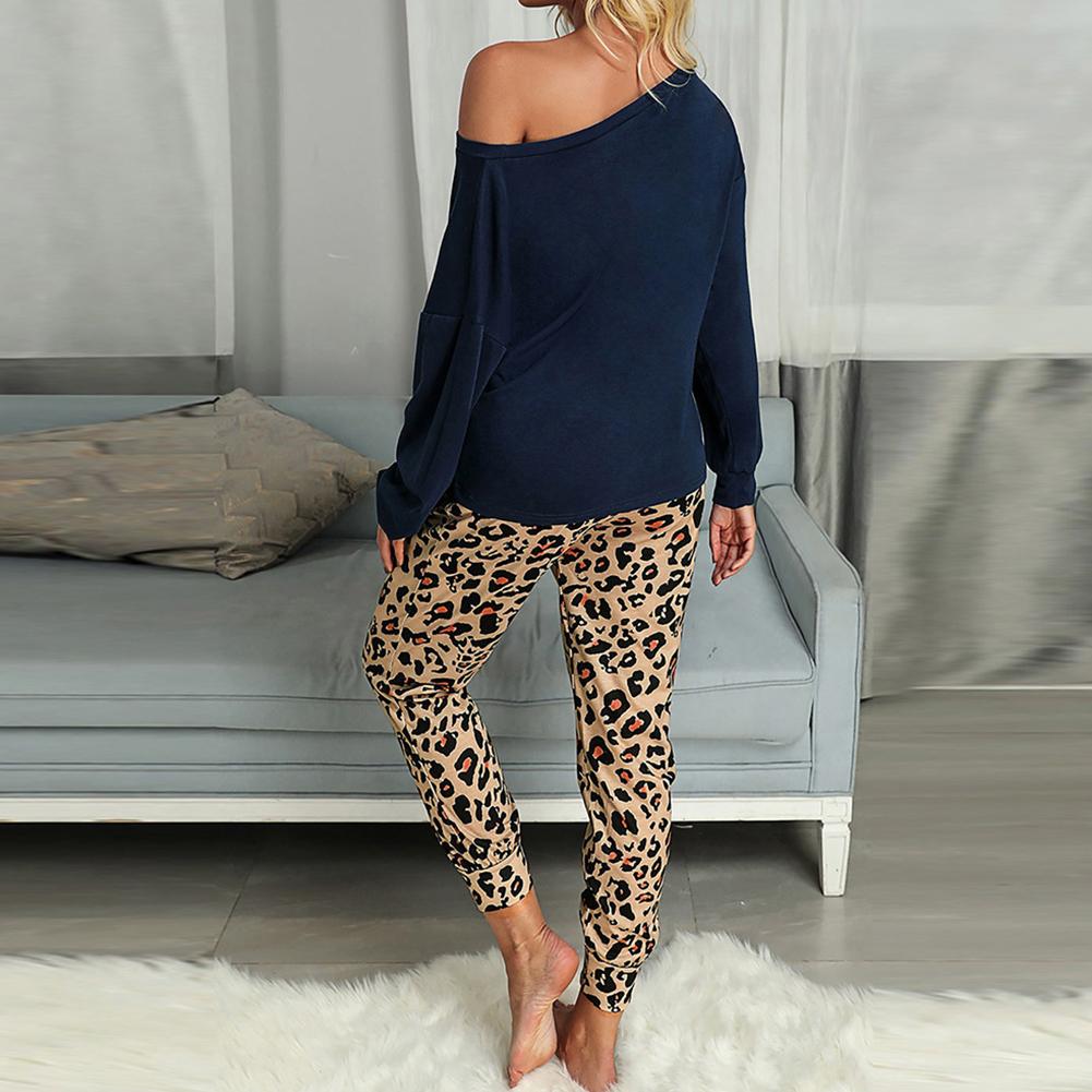 Изображение товара: Модный женский пижамный комплект, блузка с длинным рукавом, топ, облегающие штаны, домашняя одежда с леопардовым принтом, наряд, одежда для сна, пижамы