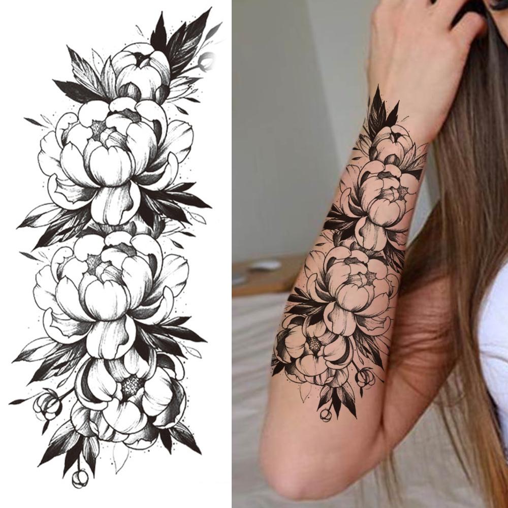 Изображение товара: Большой черный искусственный цветок, реалистичные тату-наклейки для женщин, леди, взрослых, роза, Азалея, перо, Временные татуировки, водонепроницаемые татуировки