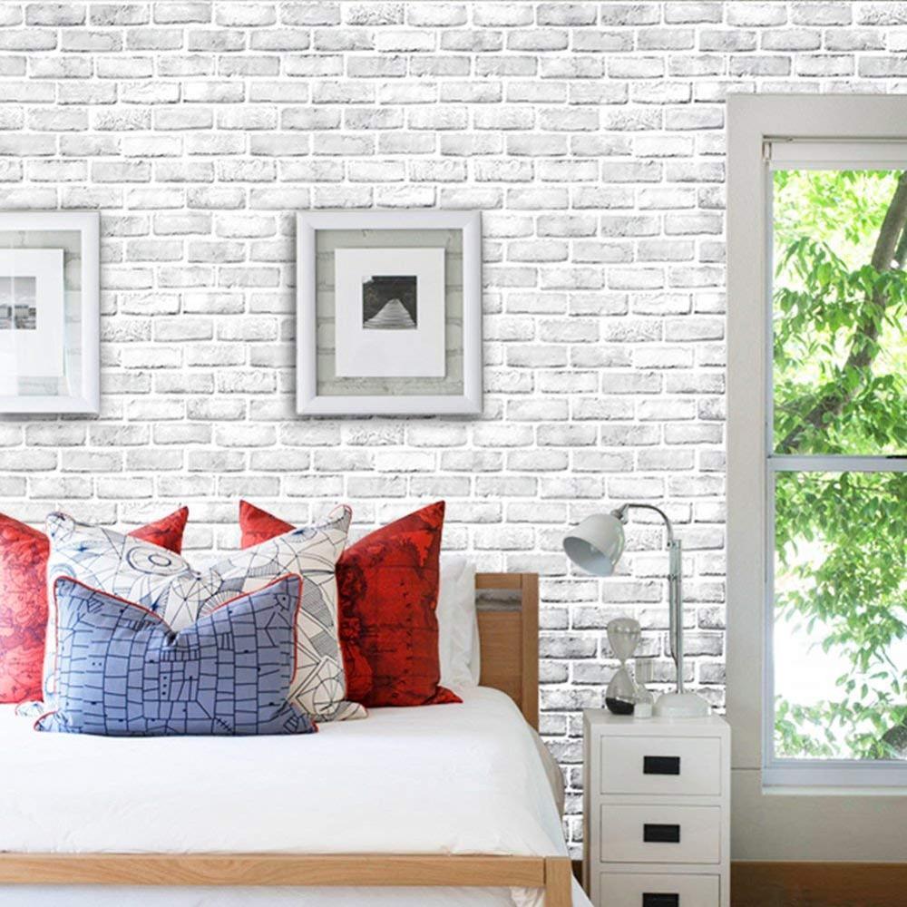 Изображение товара: Белая кирпичная самоклеящаяся настенная бумага для гостиной, спальни, кухни, декора детской комнаты, настенная наклейка, 17, 7 х19, 7 футов