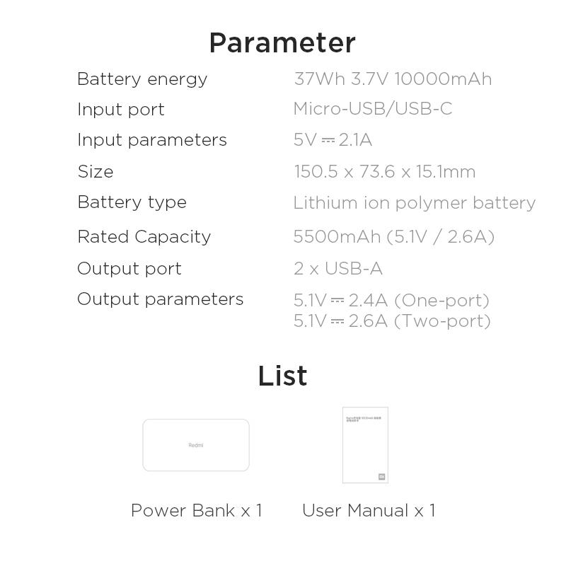 Изображение товара: Внешний аккумулятор Xiaomi Redmi, 10000 мАч, USB Type C, портативное зарядное устройство, внешний аккумулятор 10000 для умного дома