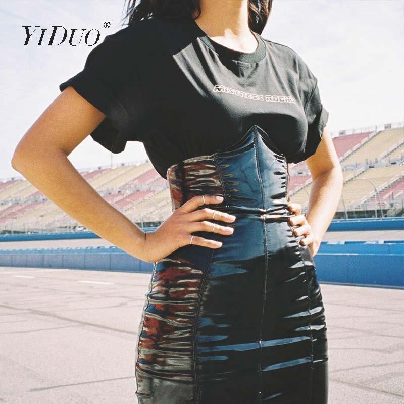 Изображение товара: Женская юбка из искусственной кожи YiDuo, черная мини-юбка на молнии с высокой талией, короткая уличная одежда, 2019