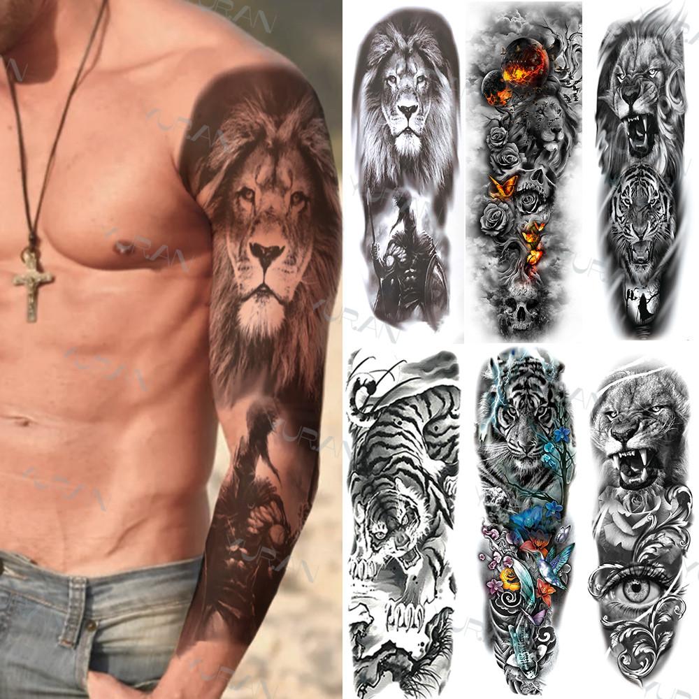 Изображение товара: Black Lion Temporary Tattoos Sleeve For Men Boy Fake Knight Tiger Full Arm Tatoos 3D High Quality Long Demon Eye Tatto Stickers