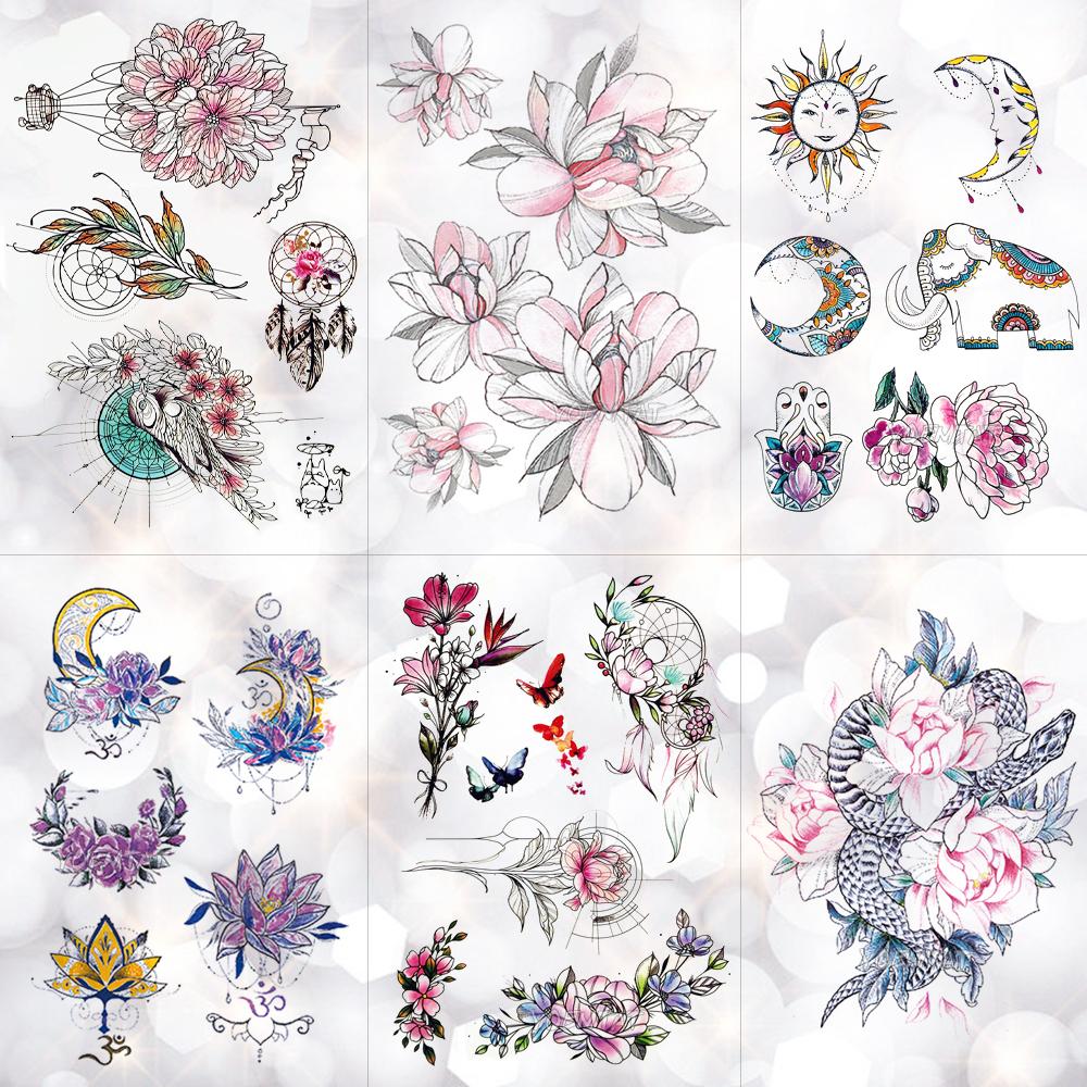 Изображение товара: Временная тату-наклейка «Ловец снов» с цветами, бабочкой, луной, кукла-подвеска, акварельные татуировки, боди-арт, искусственная татуировка