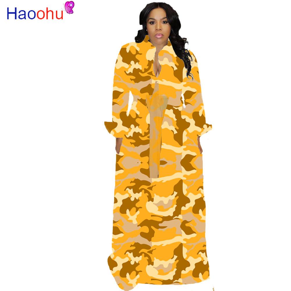 Изображение товара: Осенне-зимние камуфляжные Длинные платья HAOOHU, женское облегающее Платье макси с длинным рукавом, Повседневное платье с отложным воротником и пуговицами, 2021