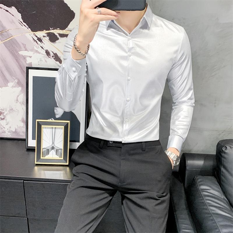 Изображение товара: Корейская приталенная Мужская Повседневная рубашка с длинным рукавом, новинка 2020, однотонная универсальная деловая формальная одежда, нежная мужская рубашка-смокинг, Homme