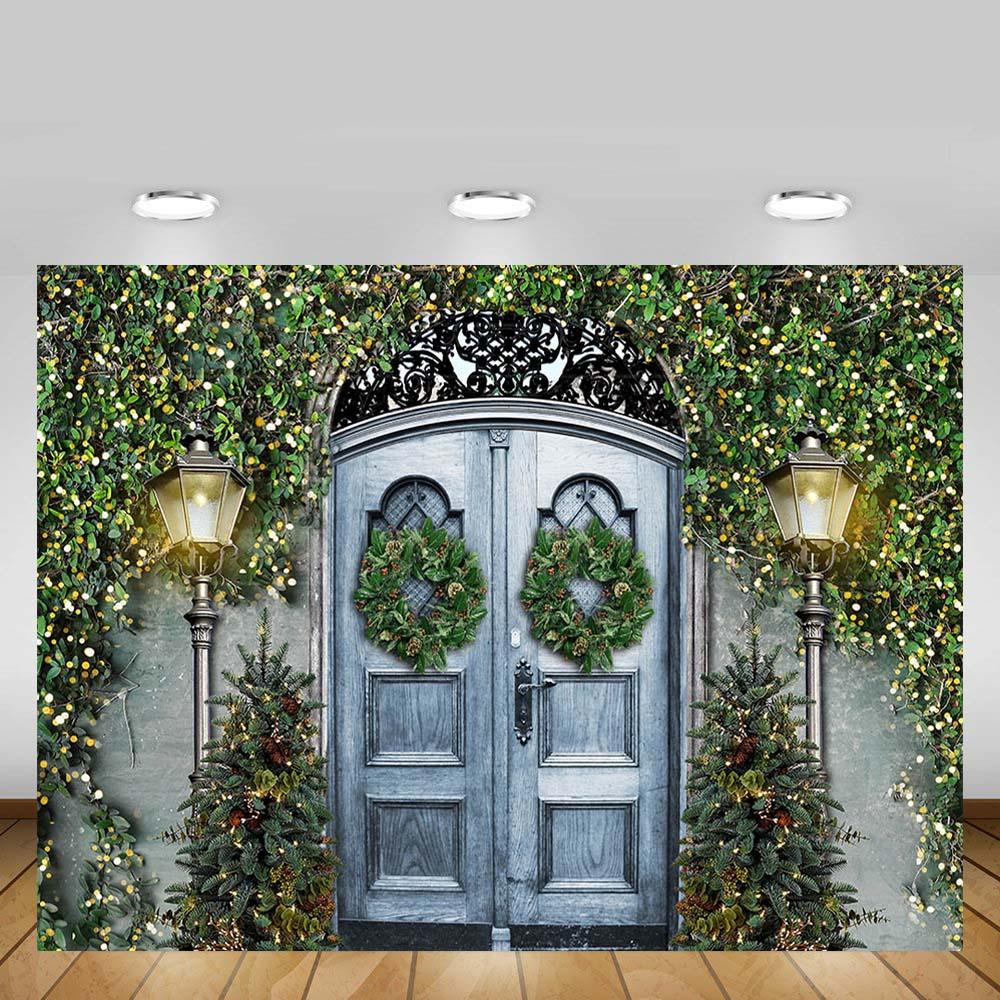 Изображение товара: Новогодний фон для фотосъемки Mehofond с зелеными листьями и серой деревянной дверью, детский портретный декор, фон для фотосъемки, фотостудия, фотосессия