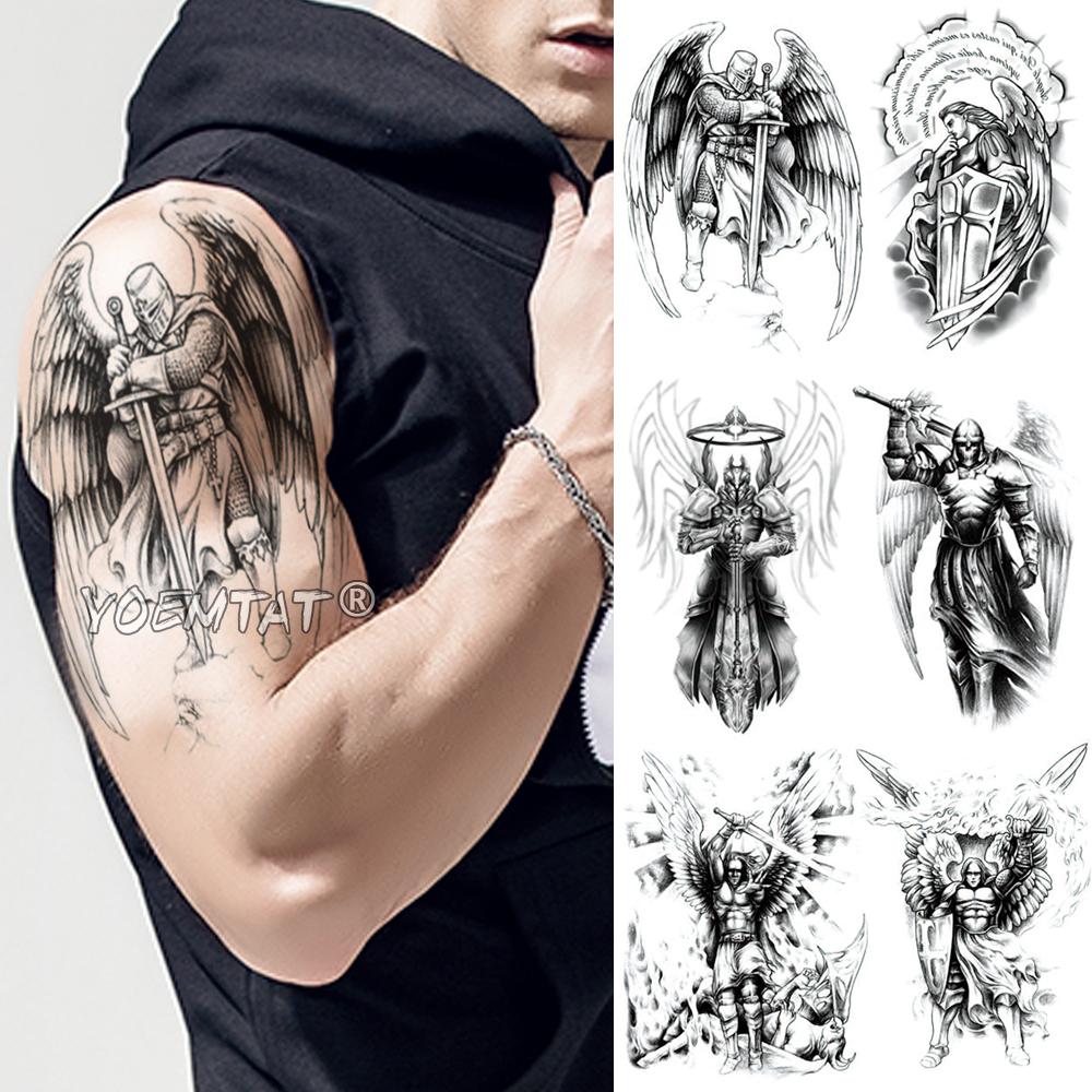 Изображение товара: Временная татуировка рыцаря самурайского воина, водостойкая татуировка, крылья героя, тело, рука, поддельные татуировки для мужчин и женщин