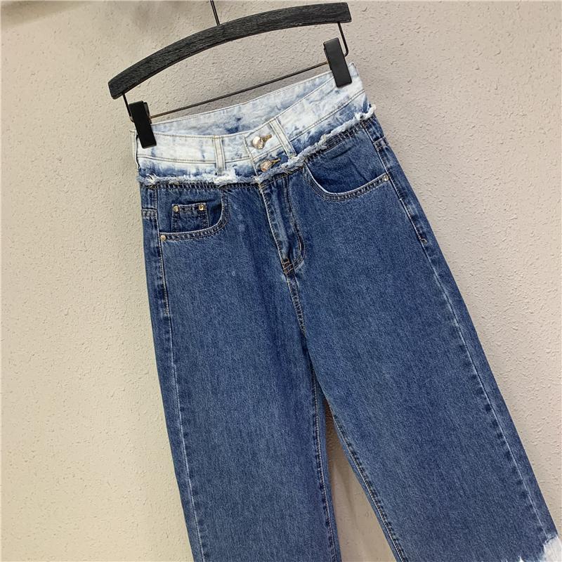Изображение товара: Модные джинсы в стиле пэчворк, женские свободные широкие джинсы с высокой талией, повседневные женские джинсы в стиле ретро, прямые джинсовые брюки 2020