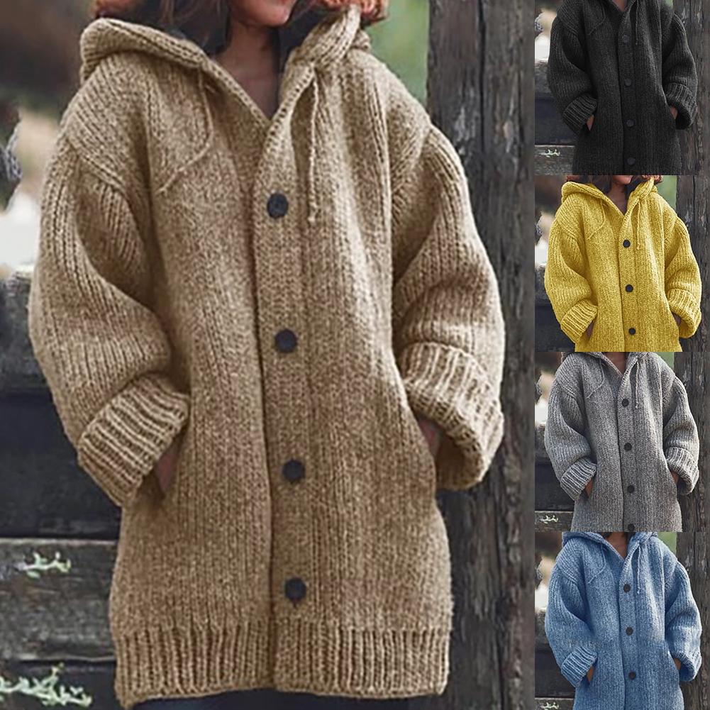 Изображение товара: Женский осенне-зимний Повседневный толстый свитер, пальто, теплая вязаная верхняя одежда, длинный кардиган с капюшоном, теплая одежда размера плюс 4XL