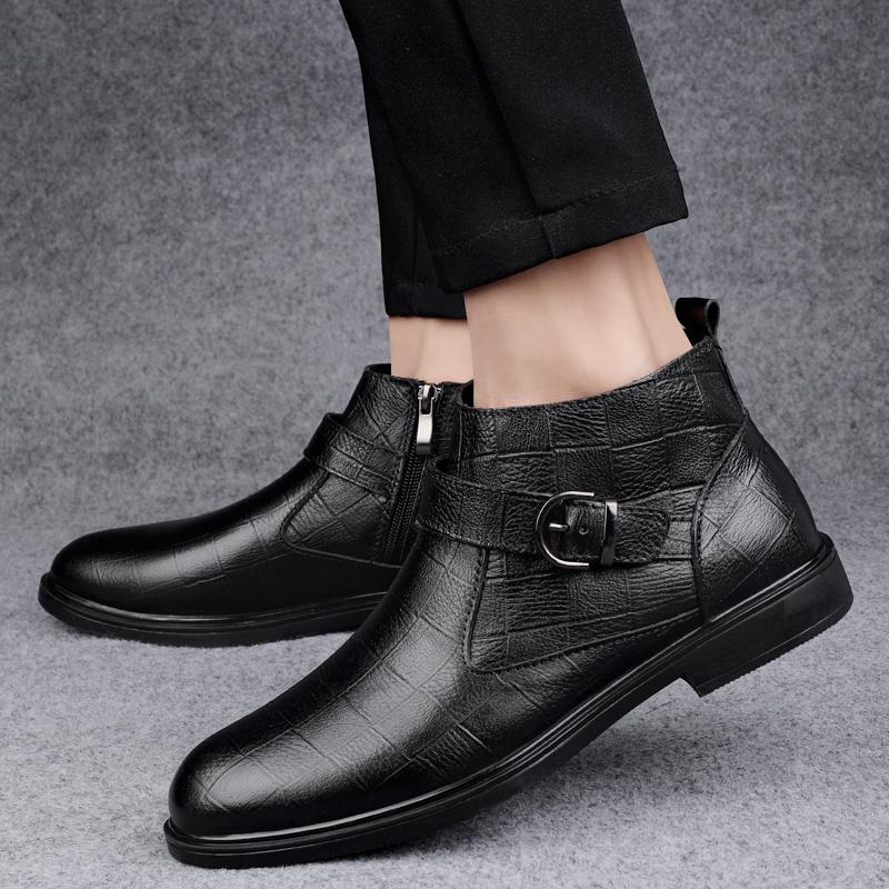 Изображение товара: Мужские модные уличные повседневные кожаные ботинки, мужские ботинки большого размера с бархатной подкладкой и защитой от холода, мужские высокие ботинки
