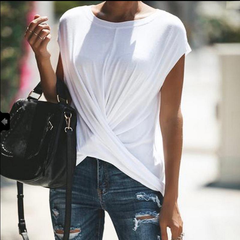 Изображение товара: Асимметричная женская футболка, верх, витая женская черная футболка с круглым вырезом, женские летние однотонные футболки с коротким рукавом, топы Для дам, 2020