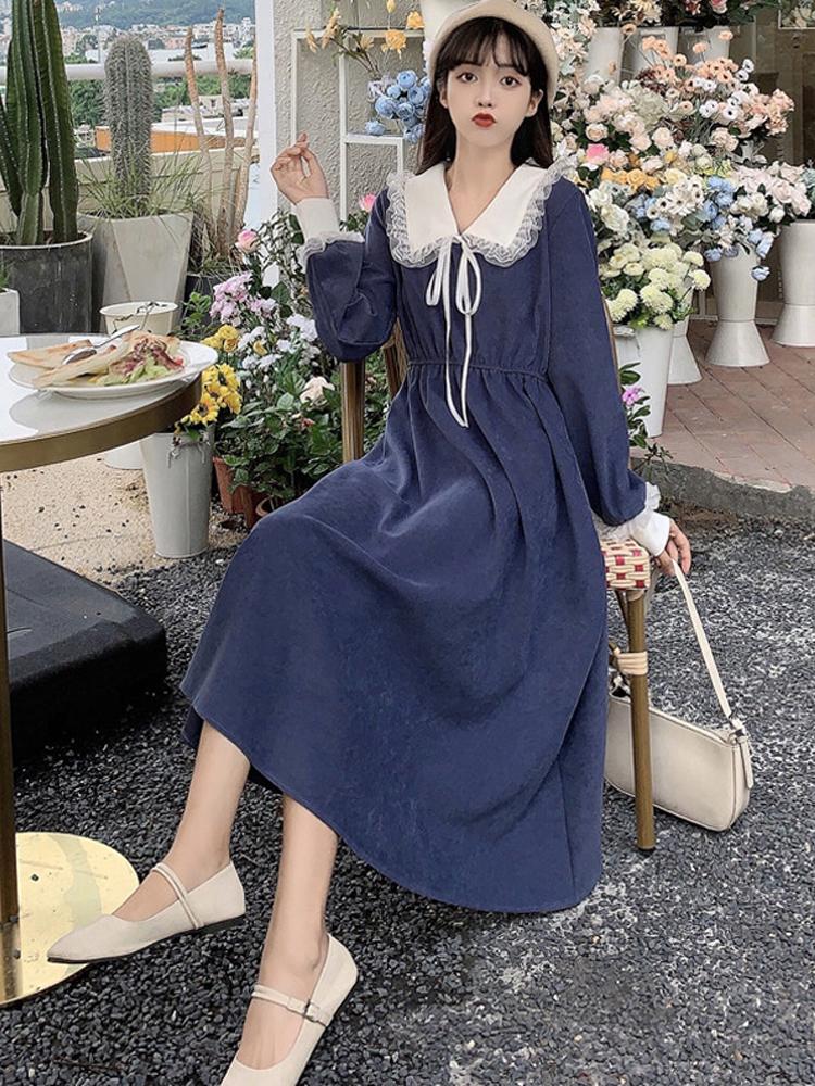 Изображение товара: Женское винтажное платье, элегантное кружевное платье с воротником Питера Пэна, с длинным рукавом, на шнуровке, в Корейском стиле, осень 2021