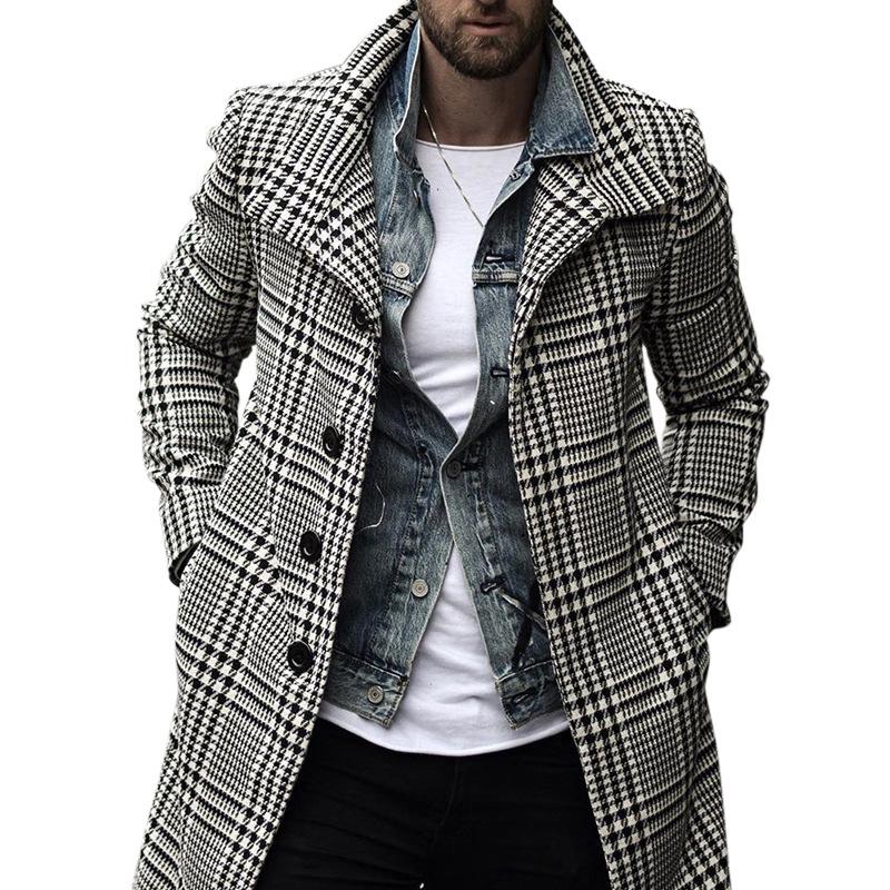 Изображение товара: Мужская шерстяная ветровка, дизайнерская клетчатая однобортная куртка с отложным воротником, Брендовая верхняя одежда 2020, роскошное пальто средней длины с длинными рукавами