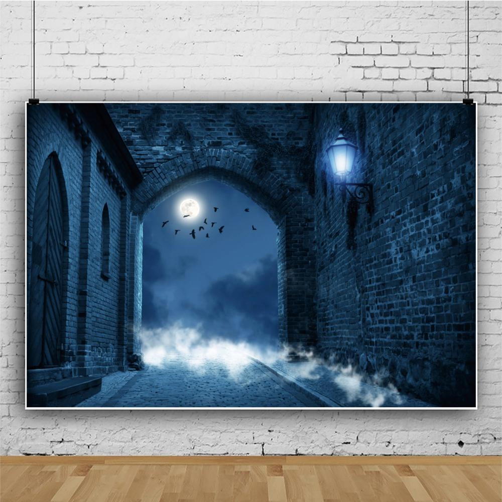 Изображение товара: Виниловый фон для фотосъемки на Хэллоуин, замок, кирпичная стена, летучая мышь, луна, ночь