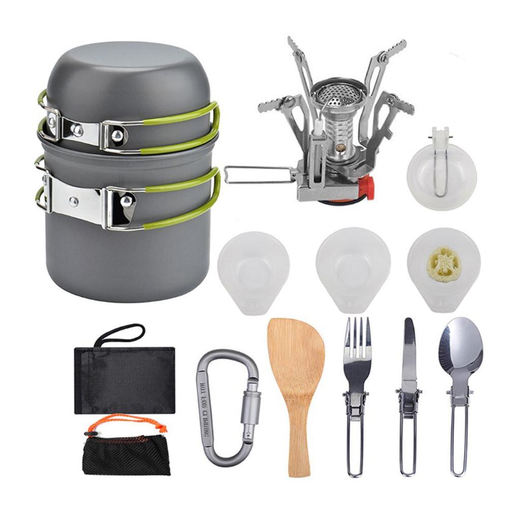 Изображение товара: Набор посуды для кемпинга, комплект из 11 предметов с сумкой для переноски и кастрюлей, из нержавеющей стали, складная ложка, вилка, нож, кастрюля