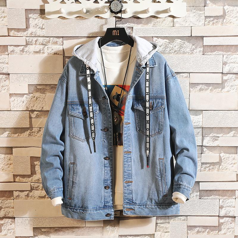 Изображение товара: Джинсовая куртка мужская с капюшоном, модная уличная одежда свободного покроя, однотонная Повседневная хлопковая куртка из денима в стиле хип-хоп, синий черный