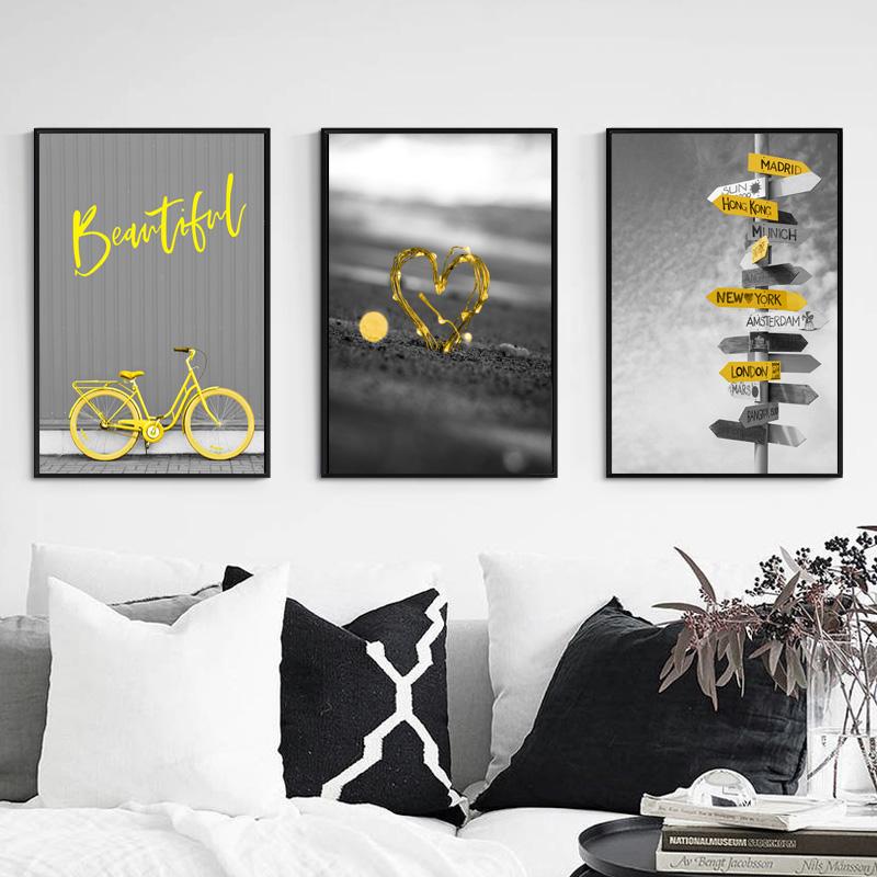 Изображение товара: Постеры с изображением велосипеда, желтые картины, дорожный знак, Картина на холсте, скандинавский плакат, современные настенные картины, украшения для дома