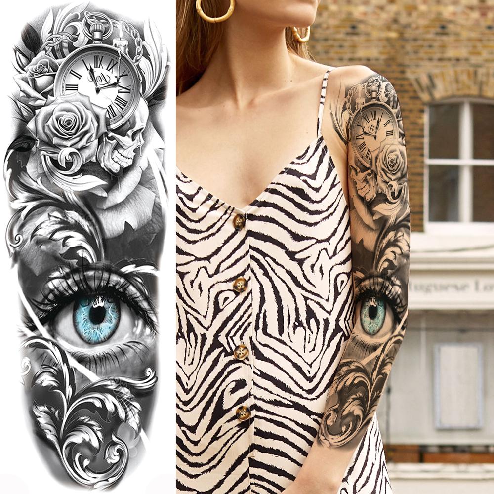 Изображение товара: Временные татуировки на всю руку для женщин, мужчин, для взрослых, 3D угол, компас, цветок, голубь, цветок, искусственная птица, бабочка, черные Большие Татуировки