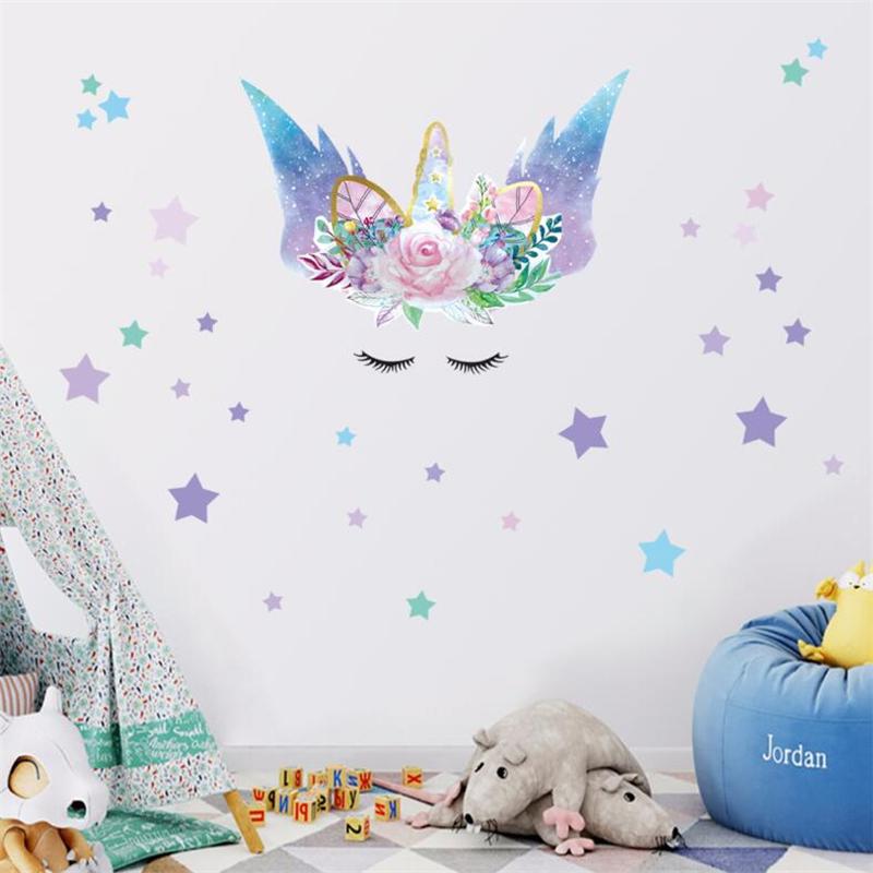 Изображение товара: Звездное небо Единорог наклейки на стену для девочки комнаты детского сада детской комнаты Настенные украшения спальни наклейки на дверь