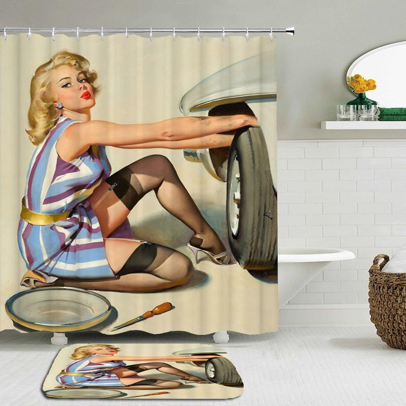 Изображение товара: 2pcs/set 3d Cartoon Girl Woman Shower Curtain Set Bathroom Waterproof Polyester Cloth + Non-slip Mat Toilet Bathroom Home Decor