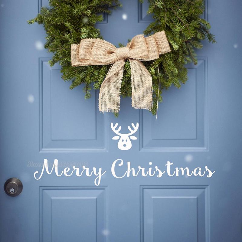 Изображение товара: Merry с рисунком рождественского оленя наклейки на стену двери наклейка Спальня с изображением деревянных дверей настенная живопись Домашний декор Гостиная декор для дома LL2199